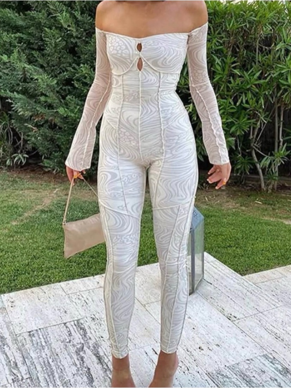 Off-Shoulder Printed Jumpsuit - Cream